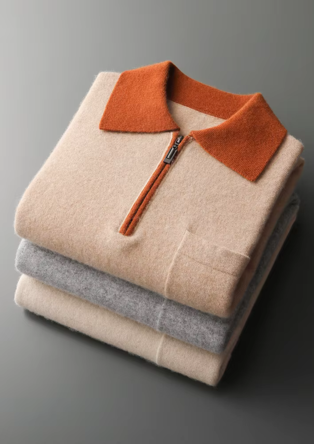 Cashmere Two-Tone Zipper Polo Shirt for Men - Luxurious Knitwear