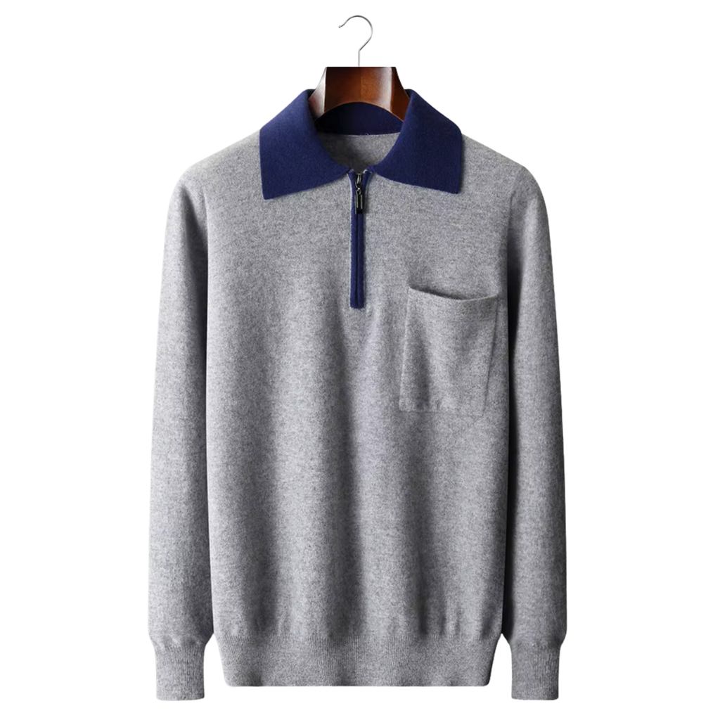 Cashmere Two-Tone Zipper Polo Shirt for Men - Luxurious Knitwear