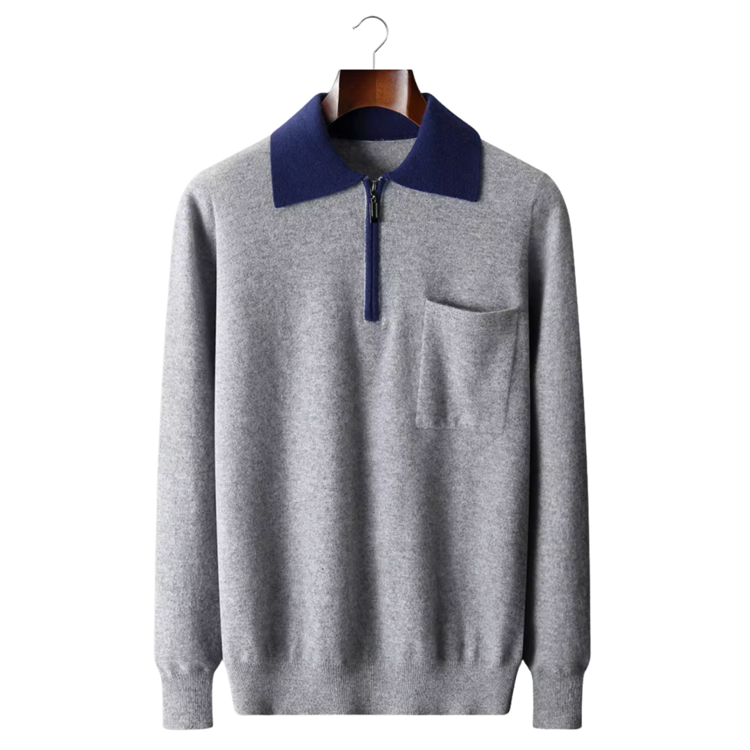 Cashmere Two-Tone Zipper Polo Shirt for Men - Luxurious Knitwear