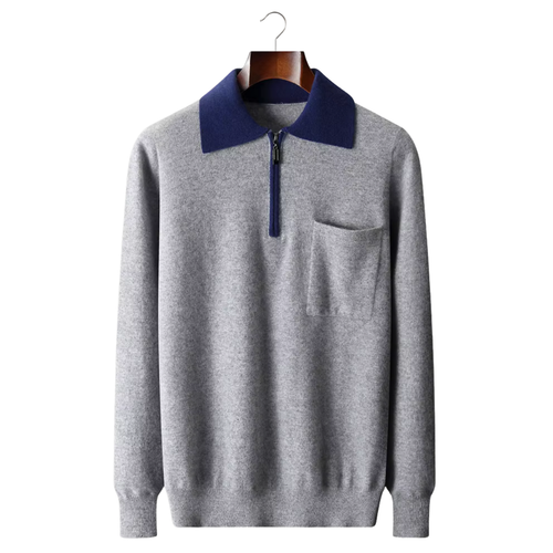 Cashmere Two-Tone Zipper Polo Shirt for Men - Luxurious Knitwear