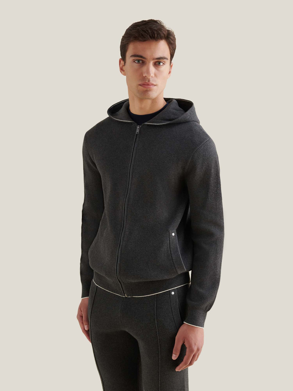 Charcoal Grey Knit Zip Hoodie for Men - Casual Wear, Milano Style