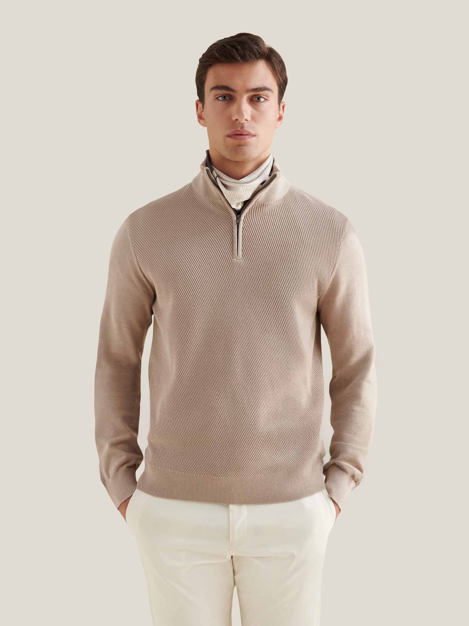 Cotton Blend Rib Knit ¼ Zip Pullover for Casual Wear in Simply Taupe