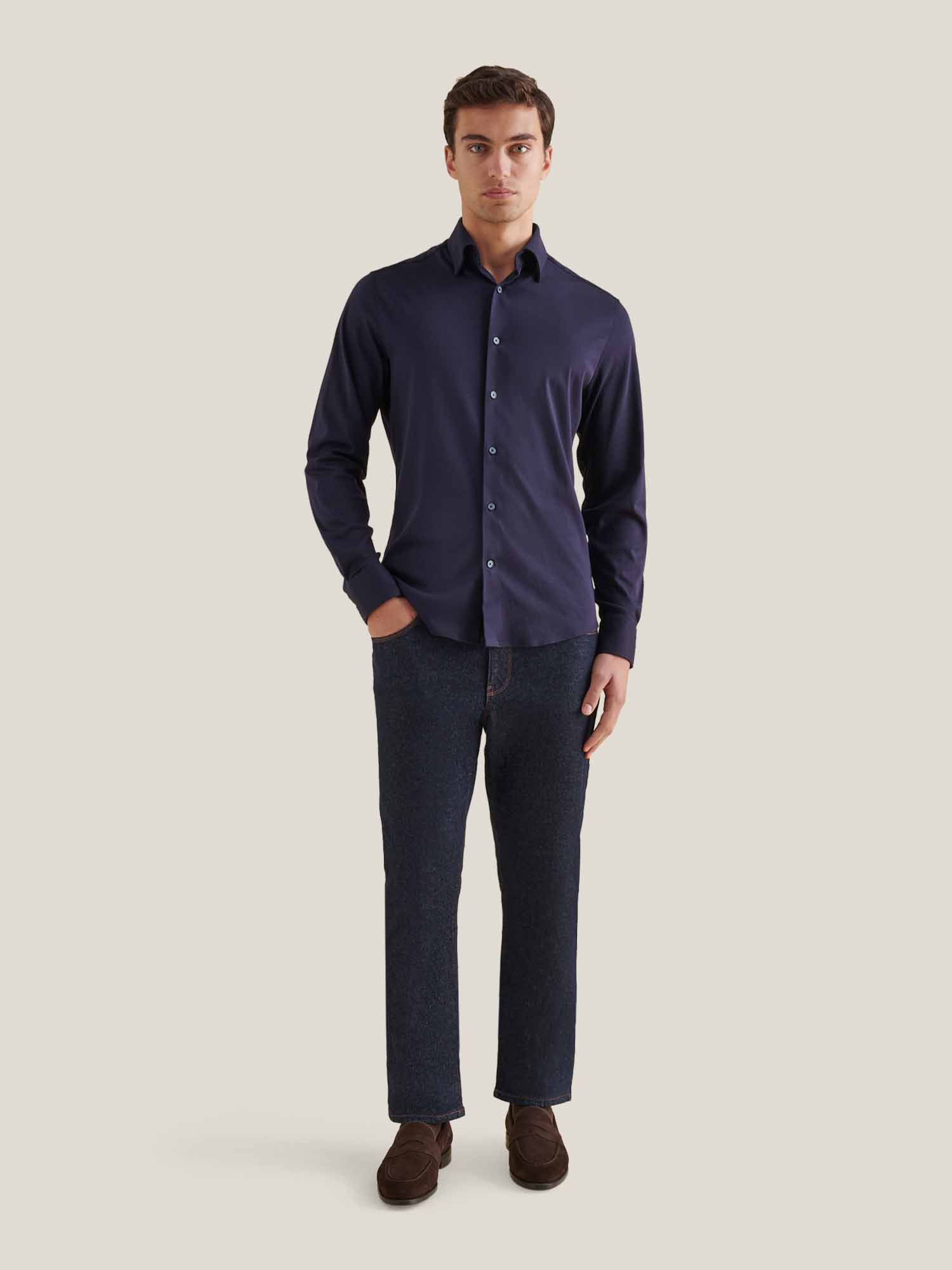 Dark Sapphire Navy Jersey Hidden-Button Shirt for Casual Wear