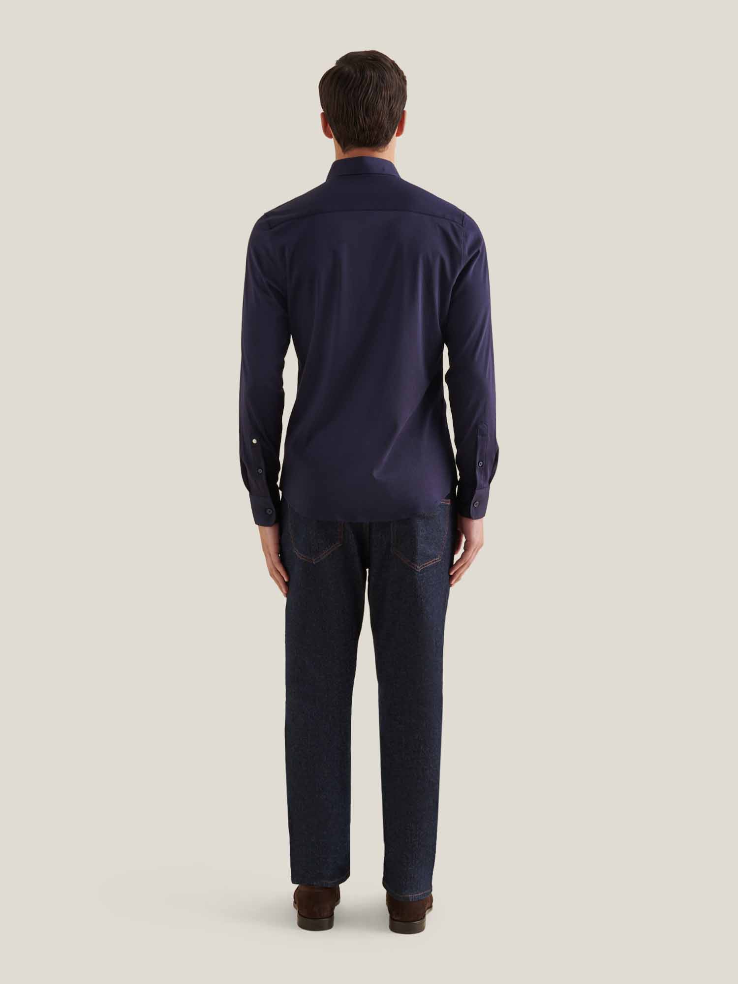 Dark Sapphire Navy Jersey Hidden-Button Shirt for Casual Wear
