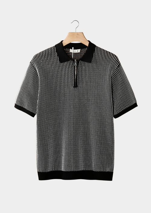 Geometric Textured Zipper Polo Shirt for Men - Casual Wear, Short Sleeve