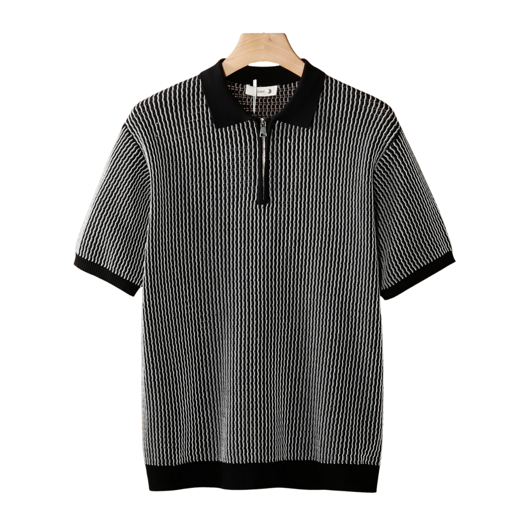 Geometric Textured Zipper Polo Shirt for Men - Casual Wear, Short Sleeve