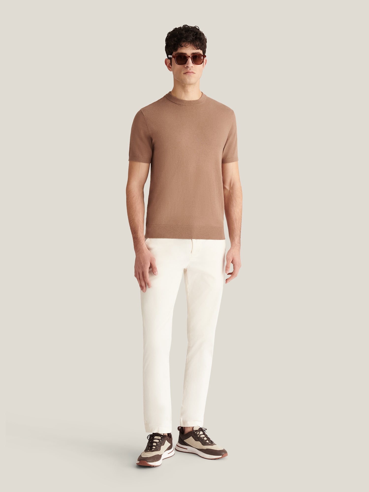 Knitted T-Shirt in Caribou Color - Soft Cotton Casual Wear for Everyday Use