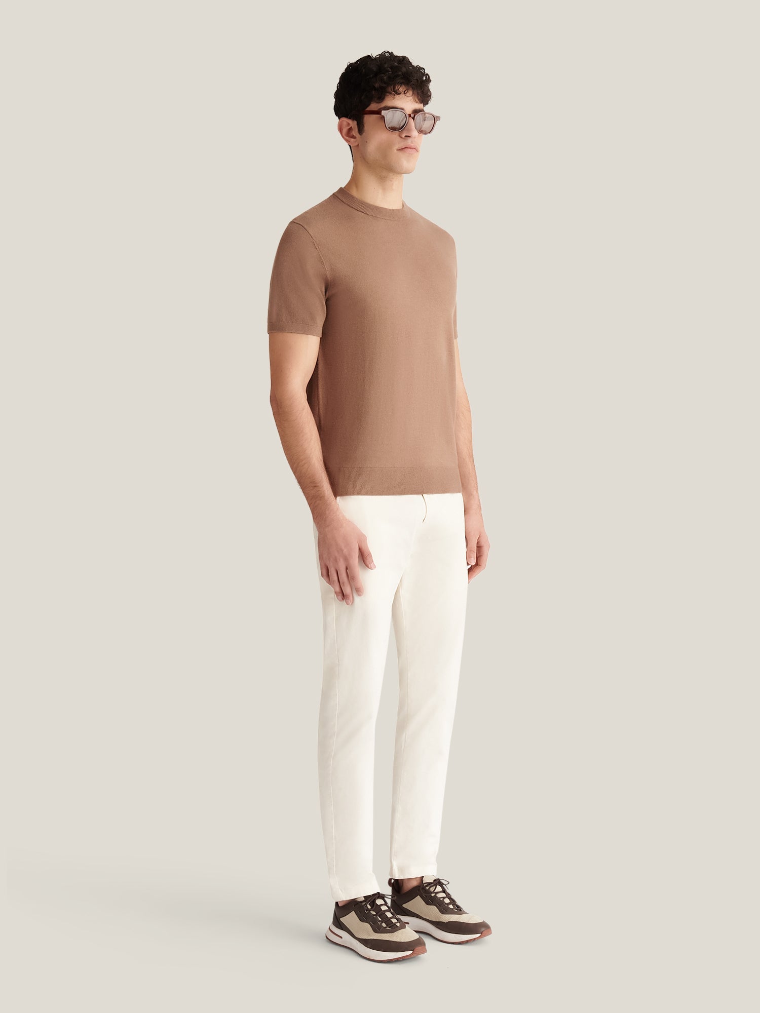 Knitted T-Shirt in Caribou Color - Soft Cotton Casual Wear for Everyday Use
