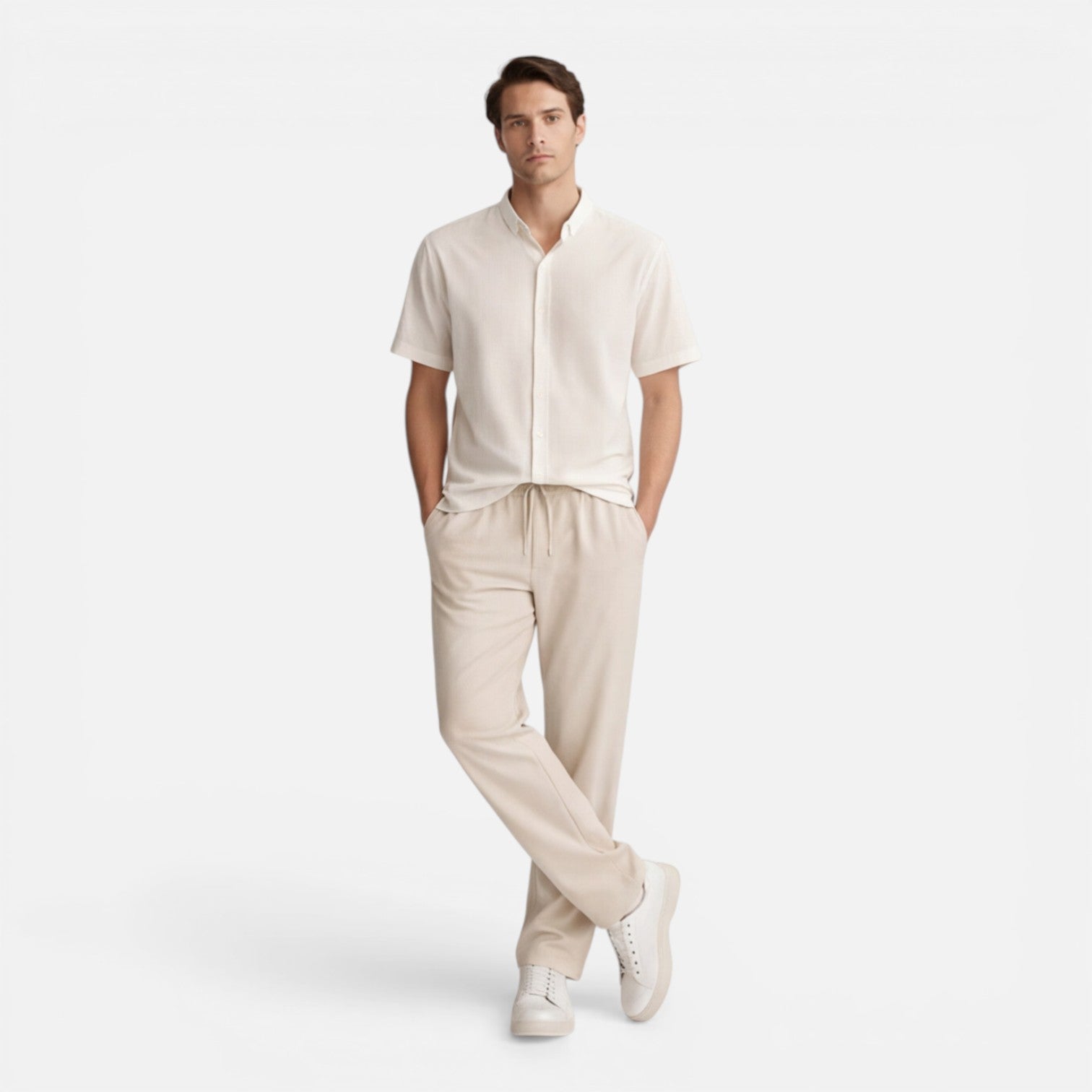 Men's Casual Short Sleeve Shirt and Pants Set - Lightweight Cotton Outfit