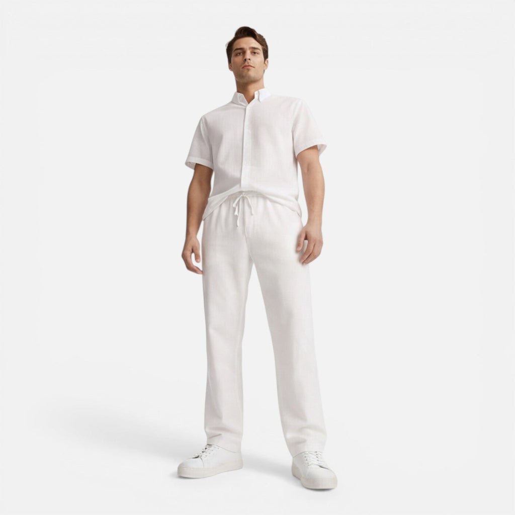 Men's Casual Short Sleeve Shirt and Pants Set - Lightweight Cotton Outfit