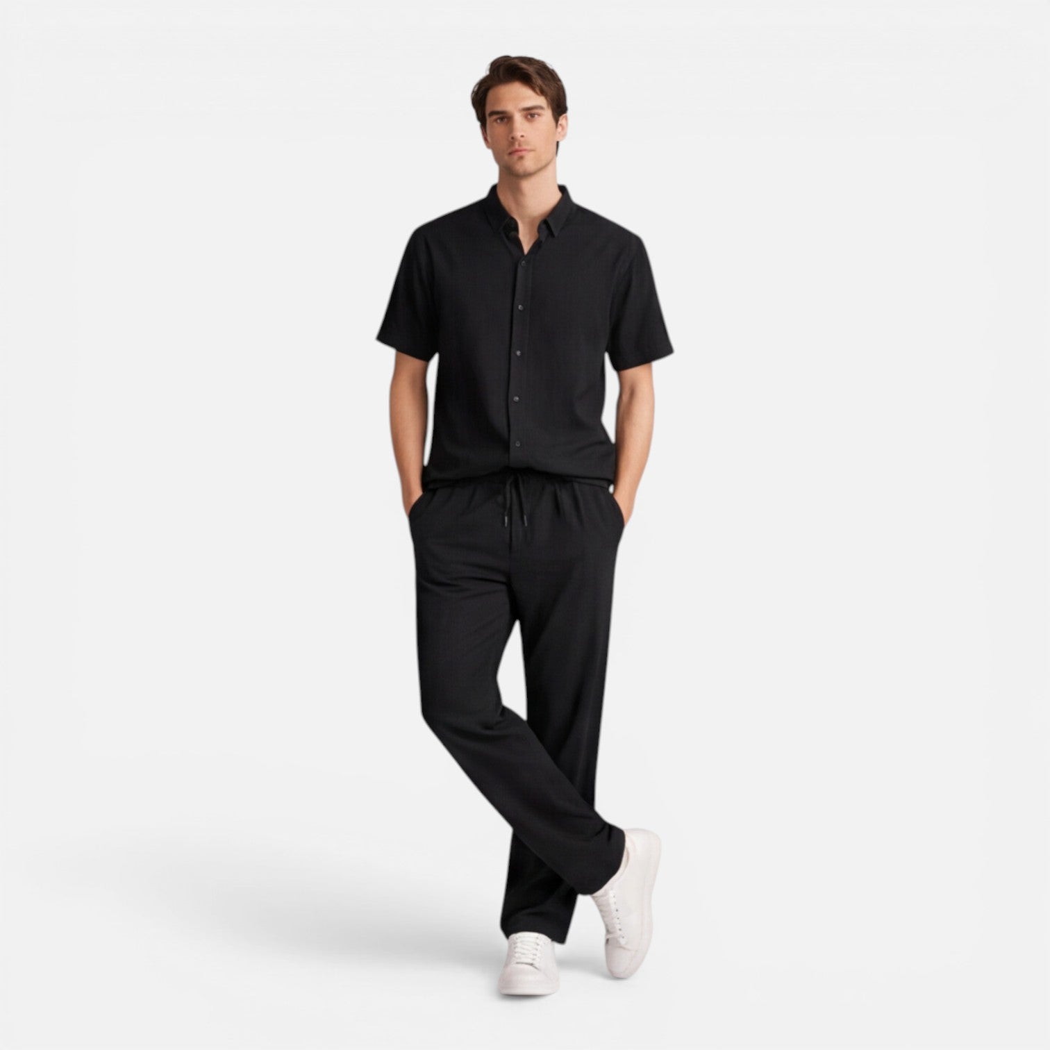 Men's Casual Short Sleeve Shirt and Pants Set - Lightweight Cotton Outfit