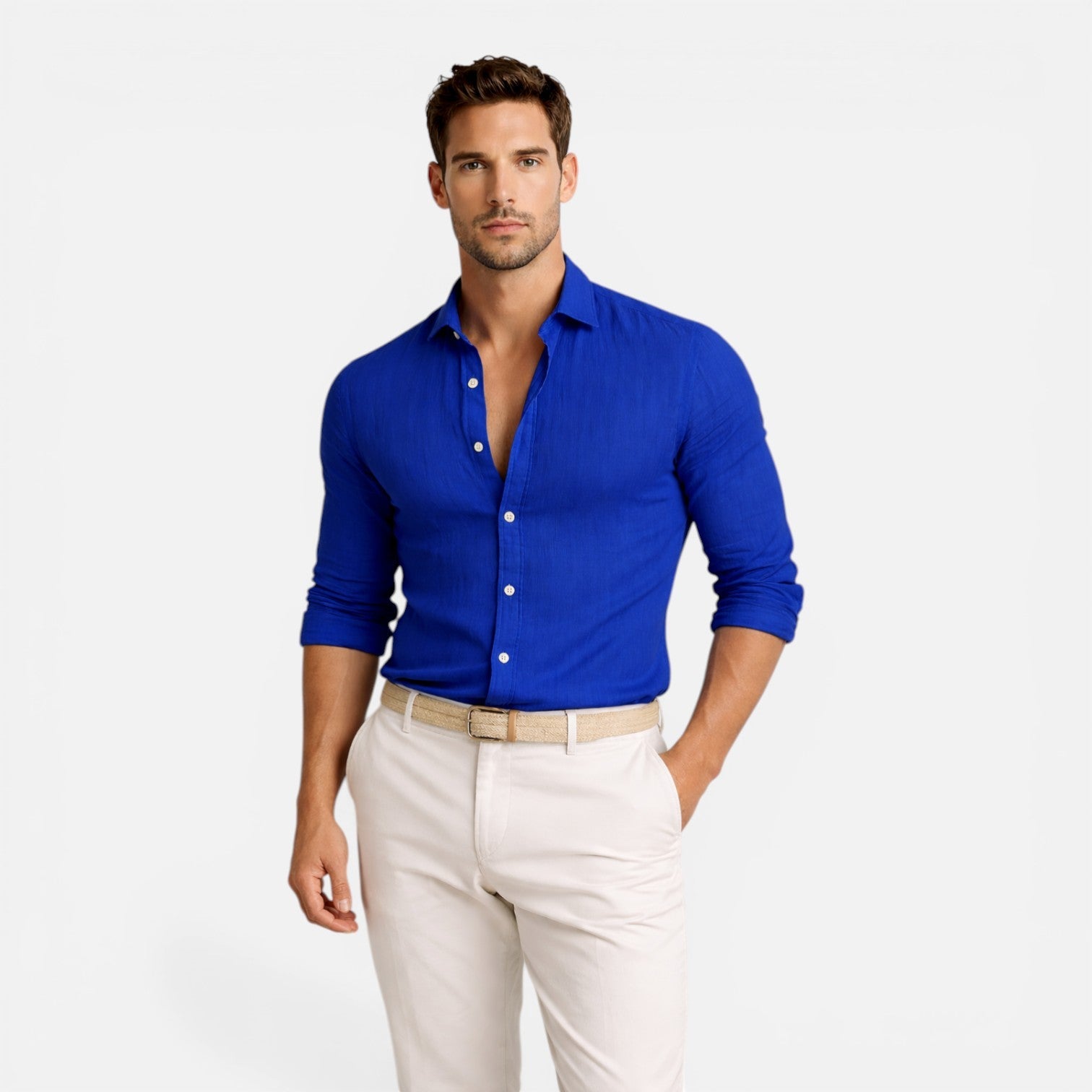 Men's Slim Fit Linen Cotton Blend Button Down Shirt - Breathable Casual Wear