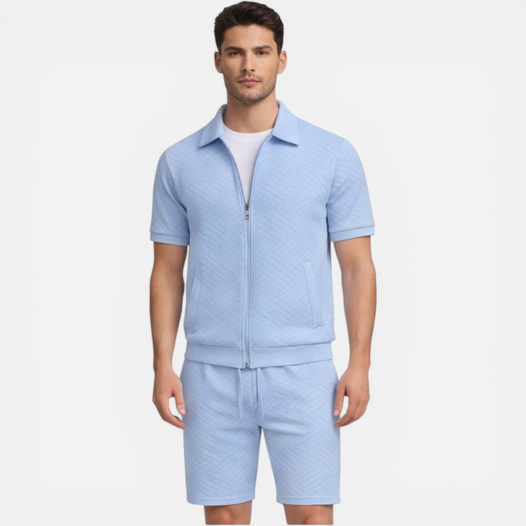 Men's Slim Fit Summer Matching Set - Zip Shirt & Drawstring Shorts