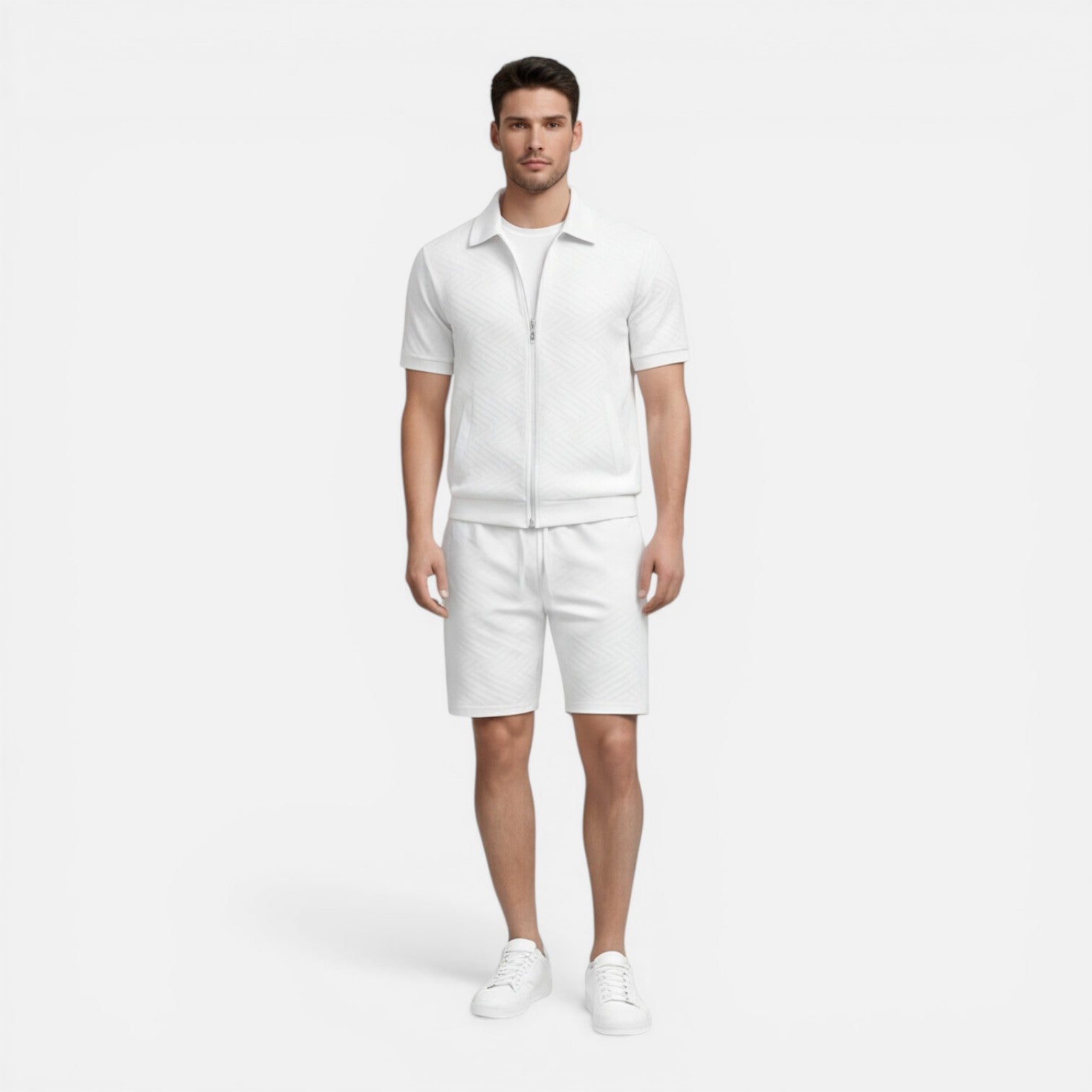 Men's Slim Fit Summer Matching Set - Zip Shirt & Drawstring Shorts