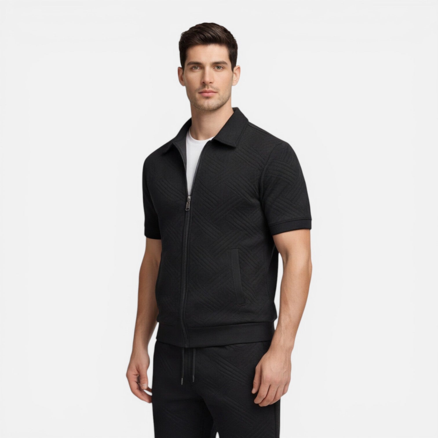 Men's Slim Fit Summer Matching Set - Zip Shirt & Drawstring Shorts
