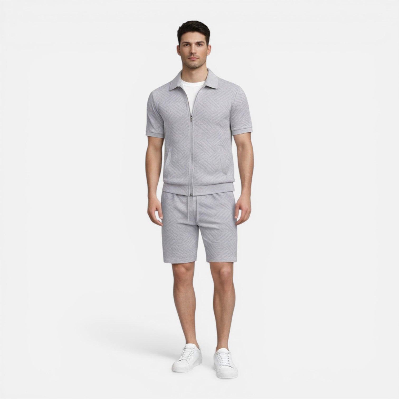 Men's Slim Fit Summer Matching Set - Zip Shirt & Drawstring Shorts