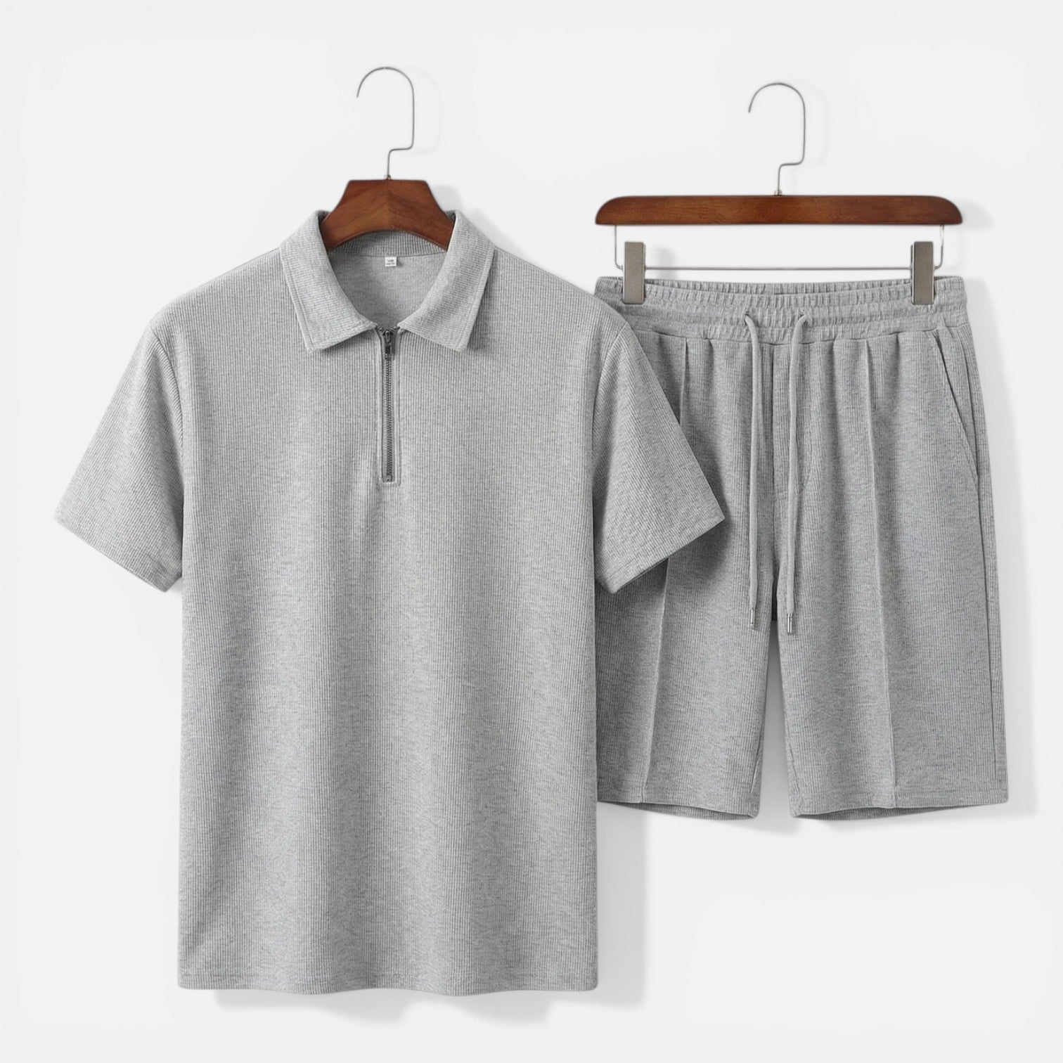 Men's Textured Zip Polo and Shorts Set - Summer Casual Co-Ord Outfit