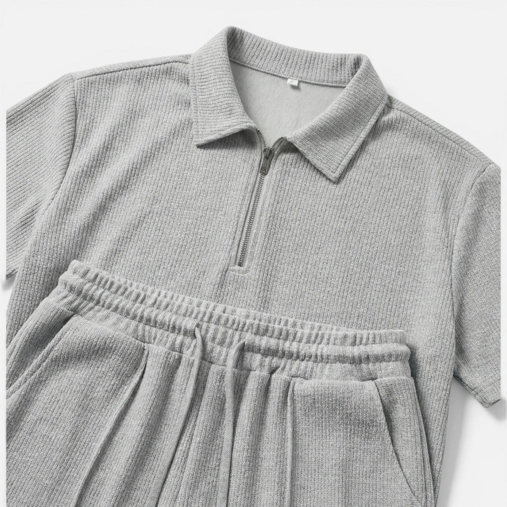 Men's Textured Zip Polo and Shorts Set - Summer Casual Co-Ord Outfit