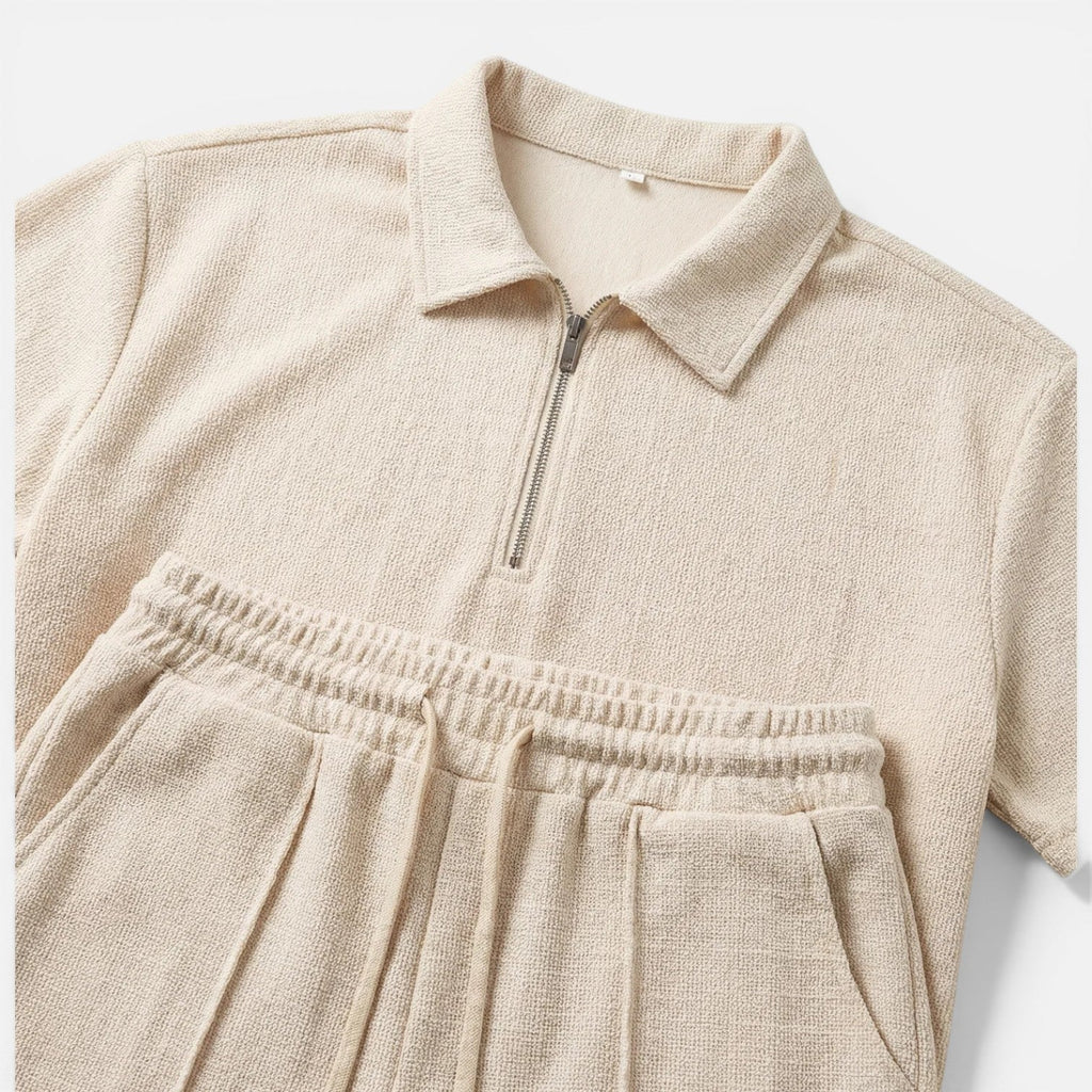 Men's Textured Zip Polo and Shorts Set - Summer Casual Co-Ord Outfit