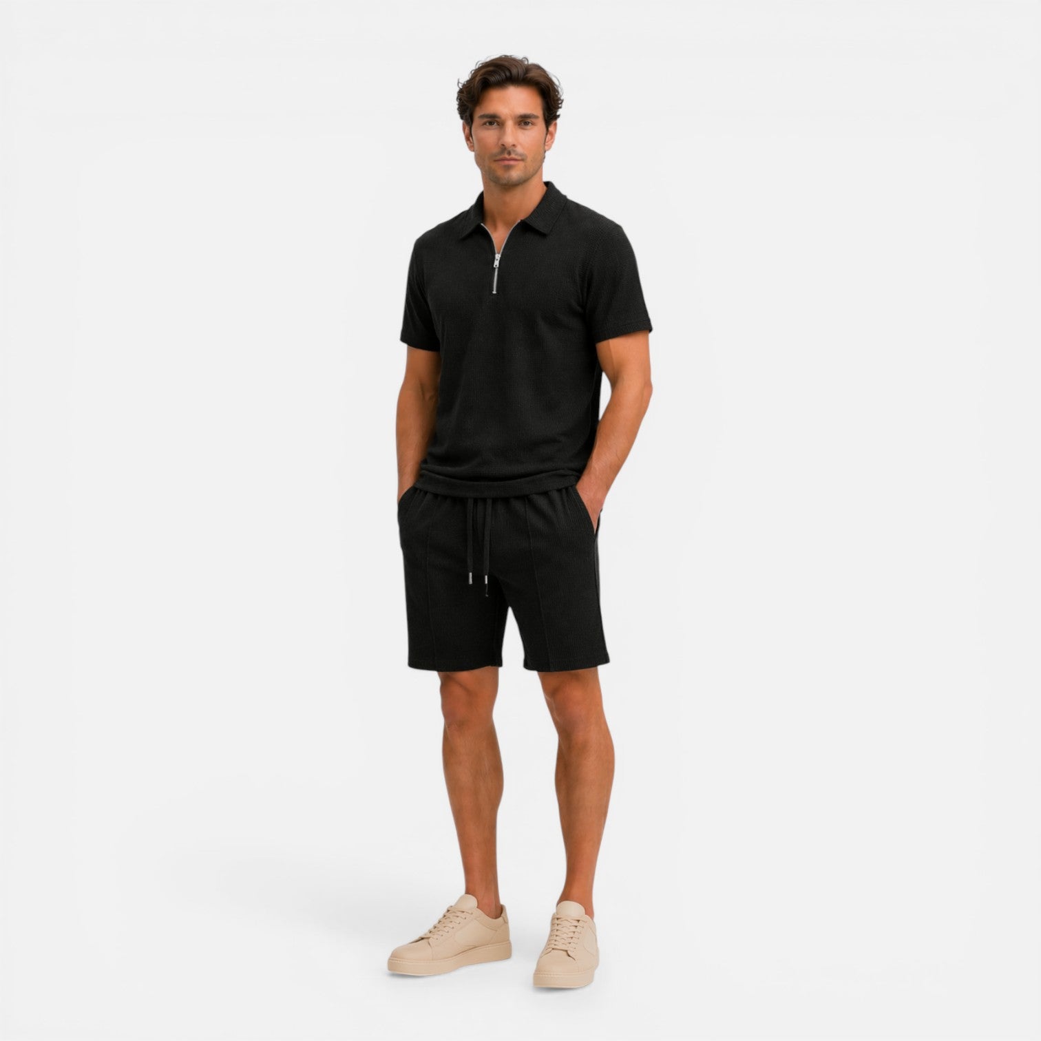 Men's Textured Zip Polo and Shorts Set - Summer Casual Co-Ord Outfit