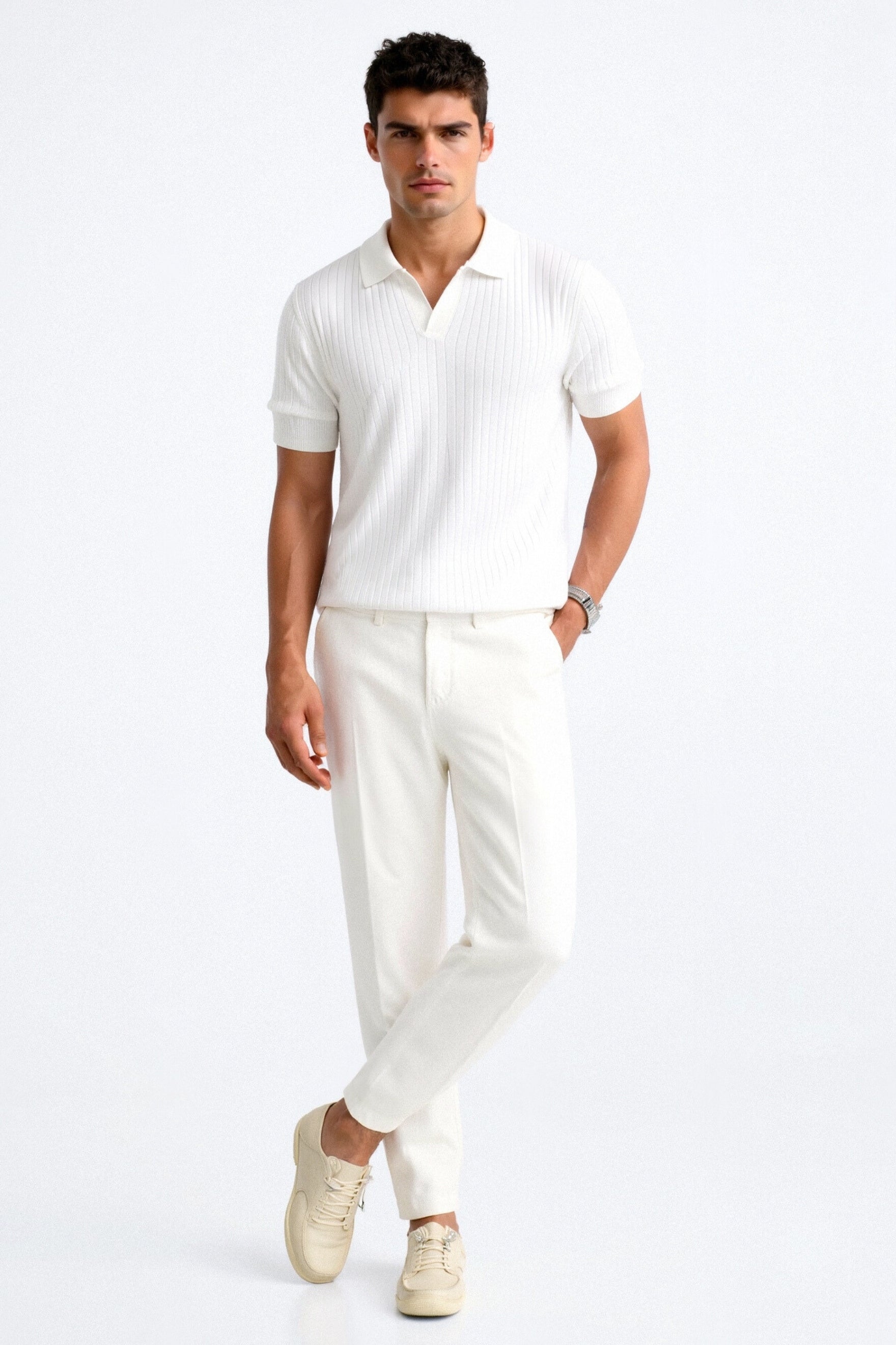 Ribbed Cotton Polo Shirt for Men - Casual Wear, Short Sleeve, Classic Fit