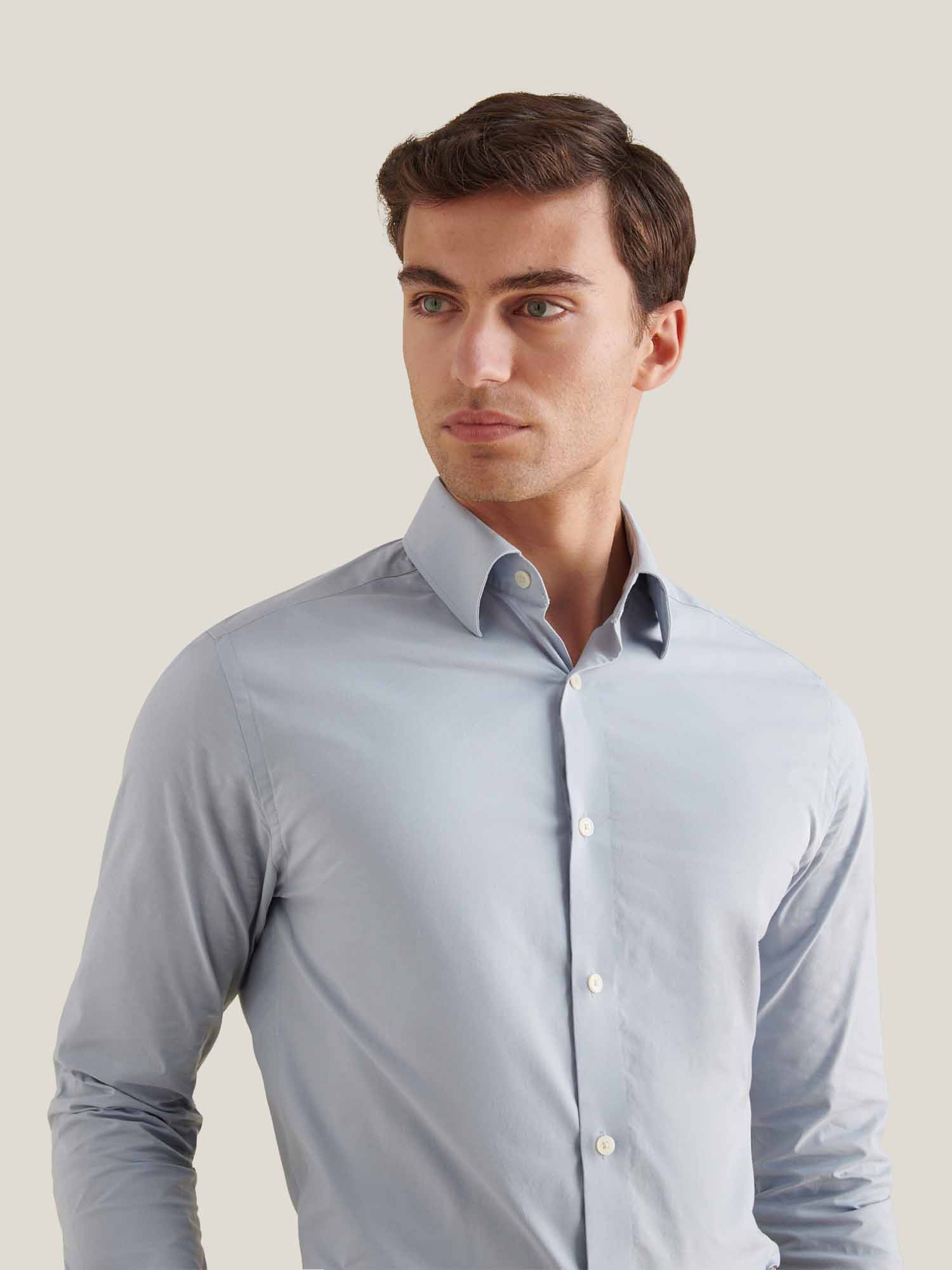 Slim Fit High Collar Cotton Poplin Shirt for Men - Blue Blizzard Color