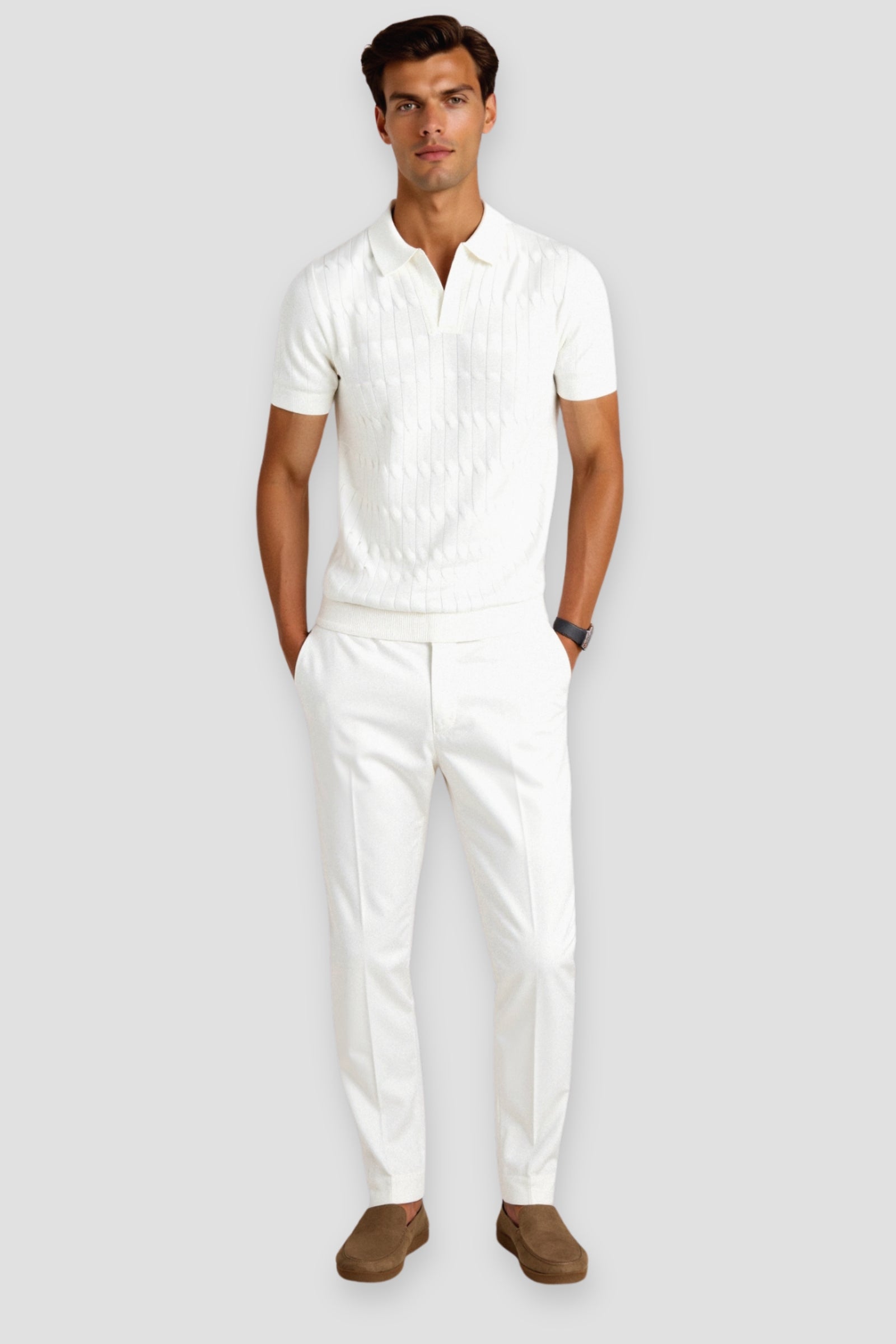 V-Neck Cable Knit Polo Shirt - Premium Cotton Blend - Casual Wear for Men