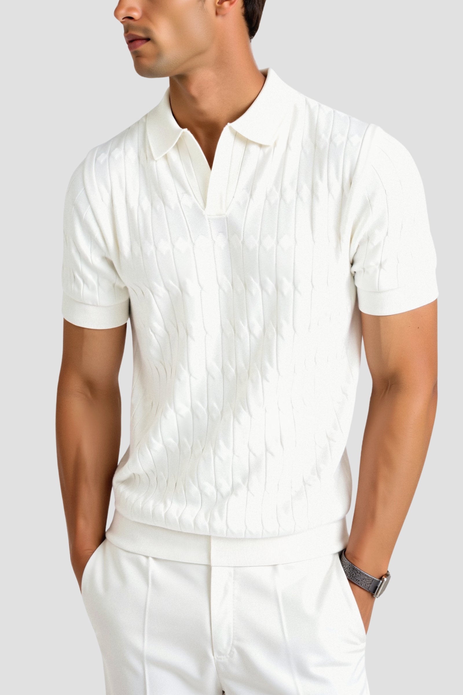 V-Neck Cable Knit Polo Shirt - Premium Cotton Blend - Casual Wear for Men