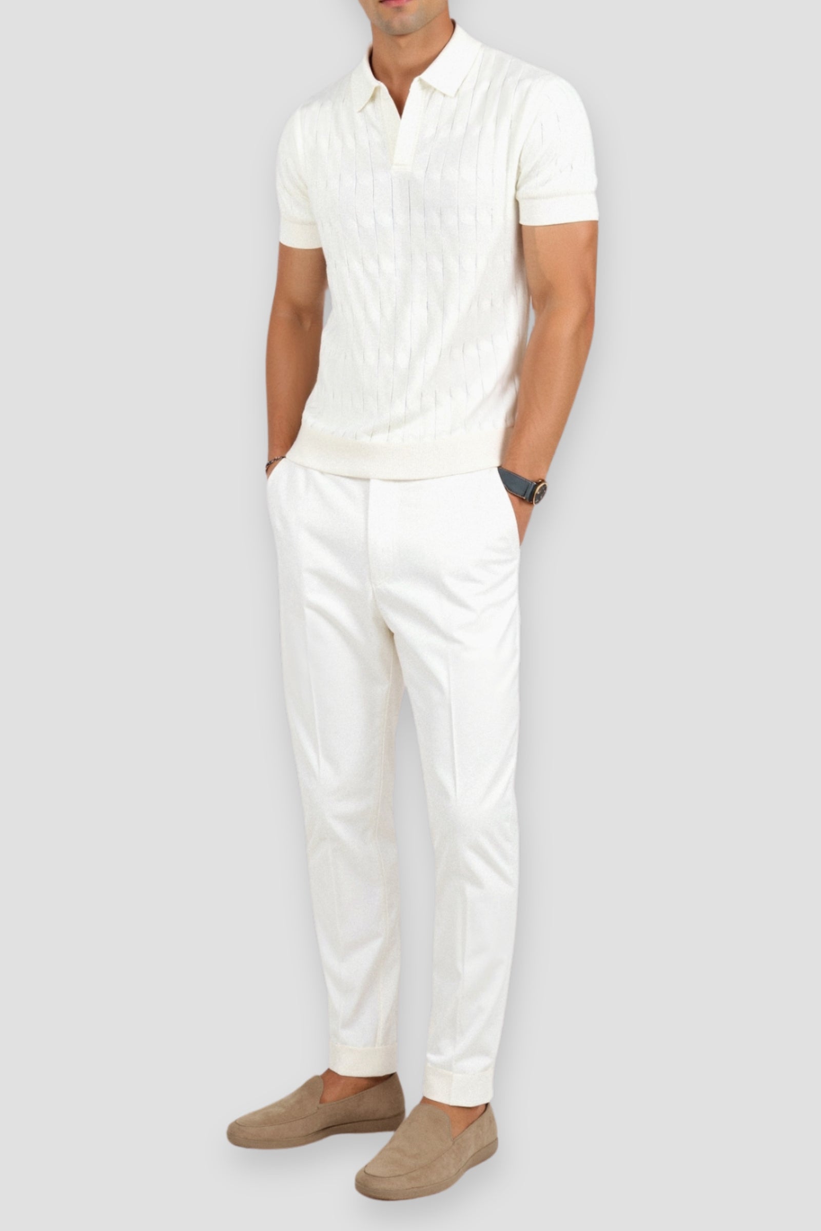 V-Neck Cable Knit Polo Shirt - Premium Cotton Blend - Casual Wear for Men
